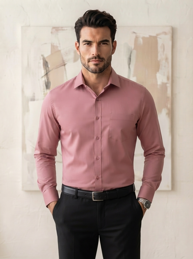 Cotton Formal Shirts for Men | Plain Full Sleeve Pocket Shirt - Pink