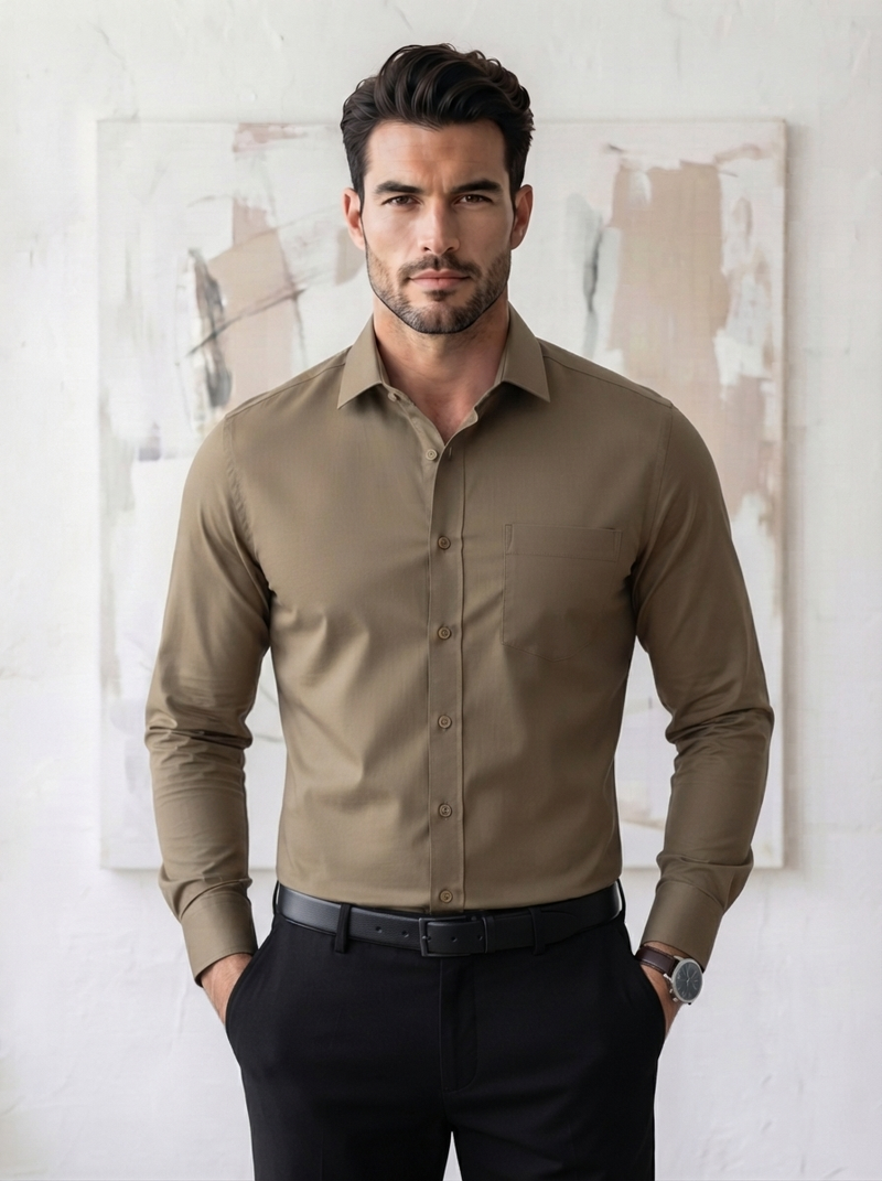 Cotton Formal Shirts for Men | Plain Full Sleeve Pocket Shirt - Khaki