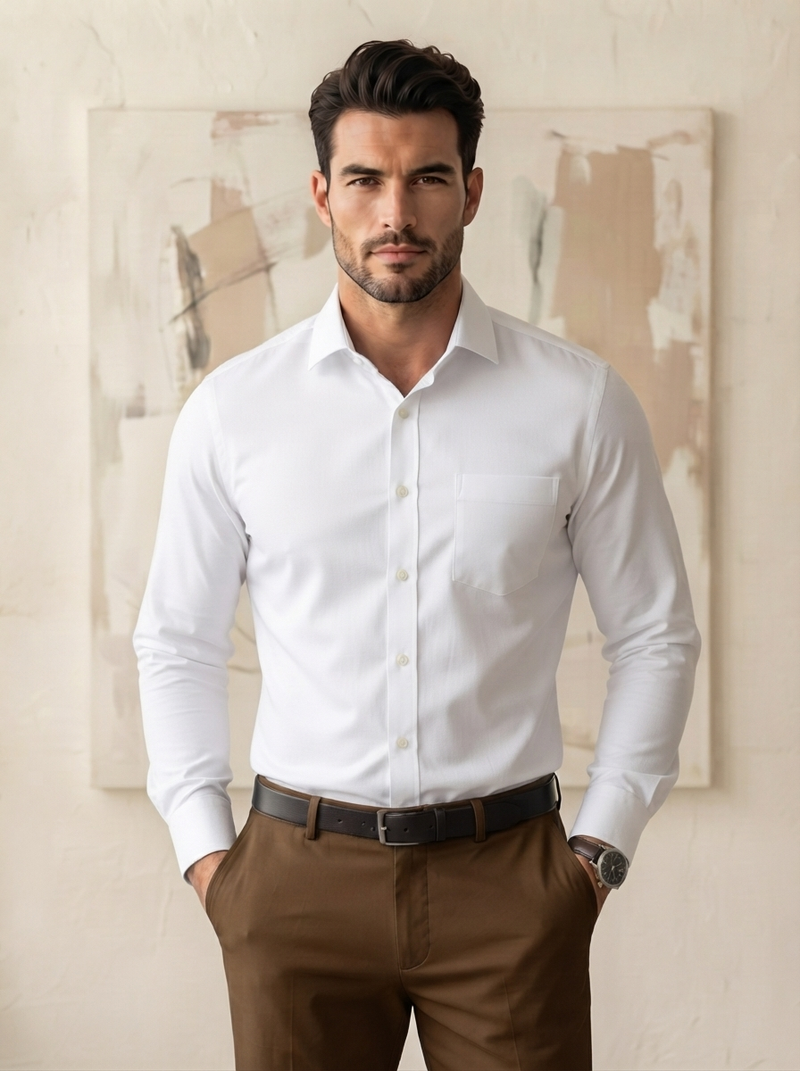 Cotton Formal Shirts for Men | Plain Full Sleeve Pocket Shirt - White