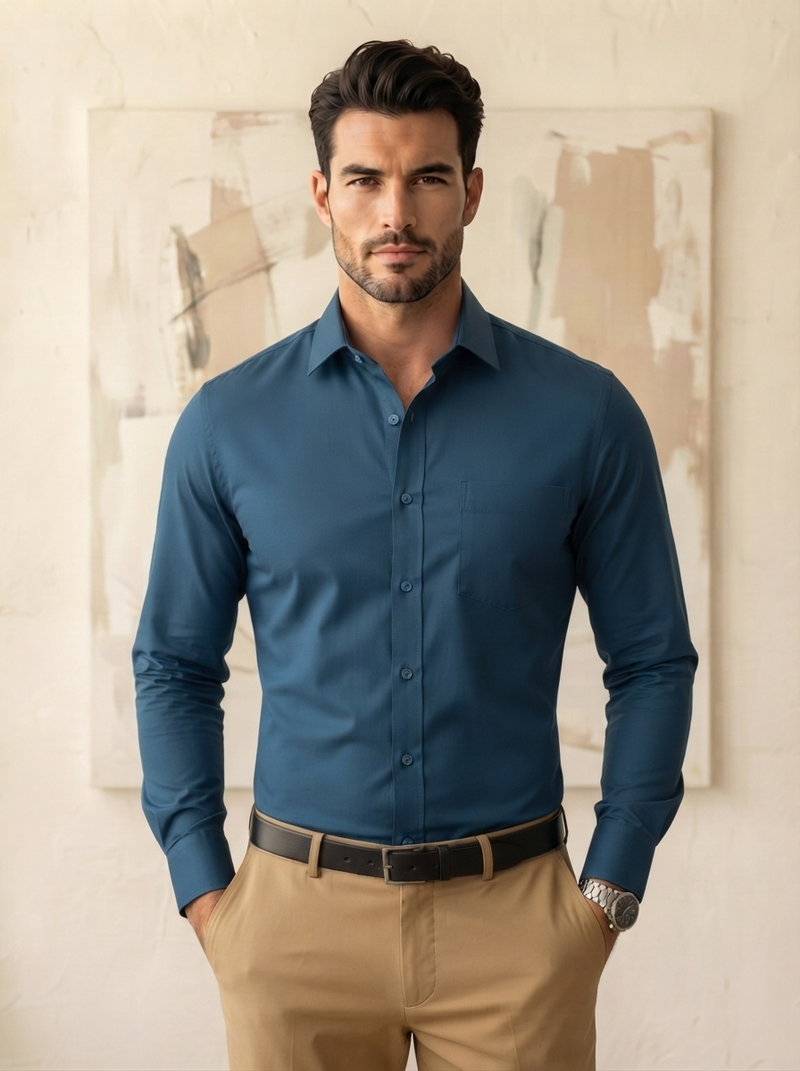Cotton Formal Shirts for Men | Plain Full Sleeve Pocket Shirt - Firozi