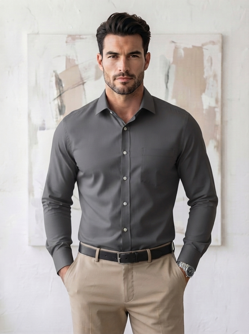 Cotton Formal Shirts for Men | Plain Full Sleeve Pocket Shirt - Gray
