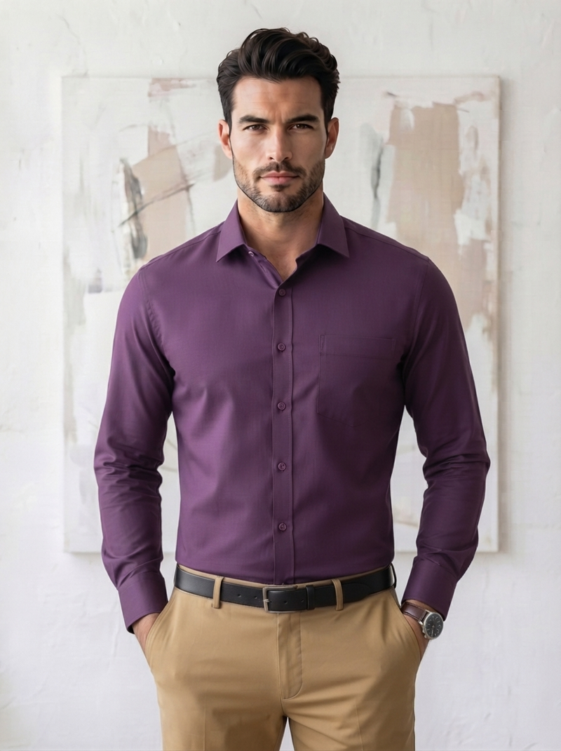 Cotton Formal Shirts for Men | Plain Full Sleeve Pocket Shirt - Purple