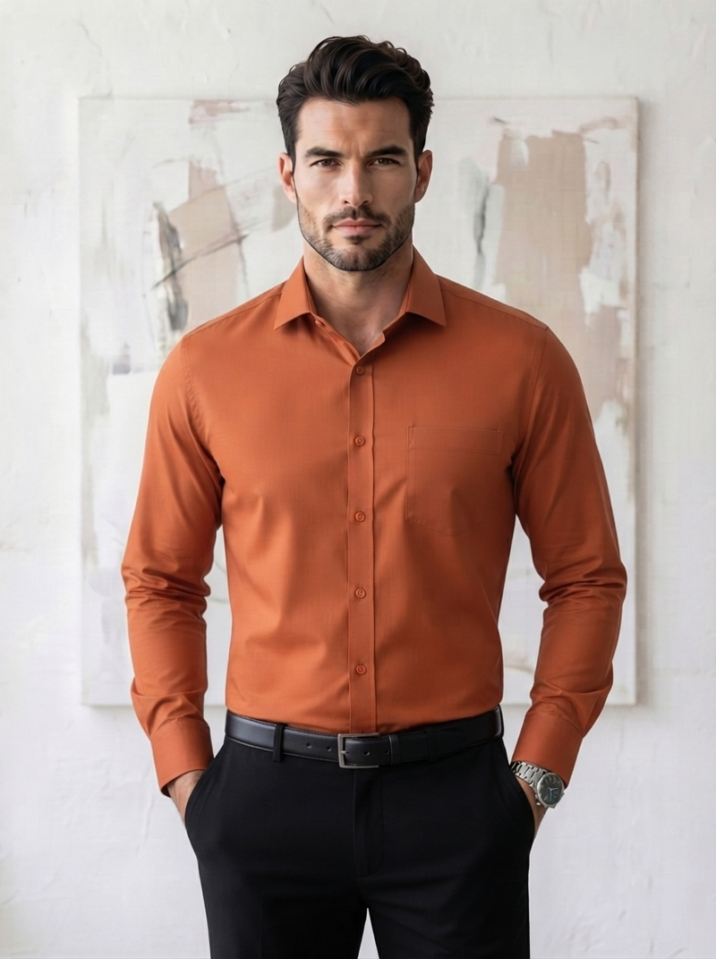Cotton Formal Shirts for Men | Plain Full Sleeve Pocket Shirt - Rust orange
