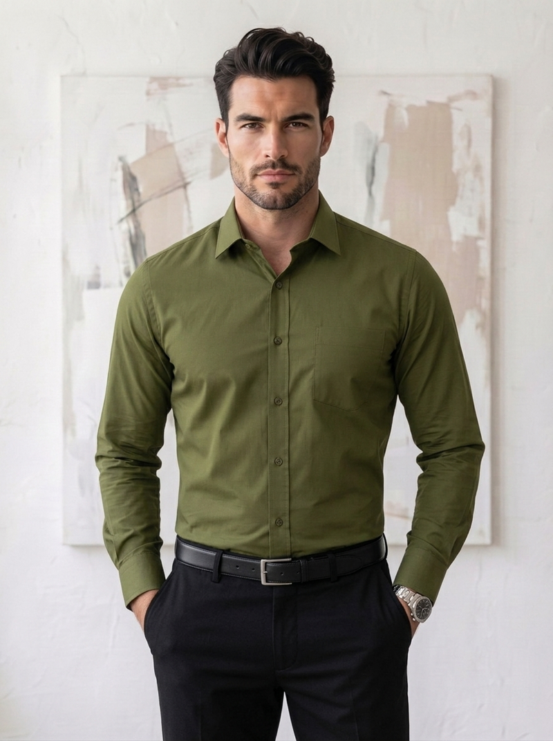 Cotton Formal Shirts for Men | Plain Full Sleeve Pocket Shirt - Olive Green