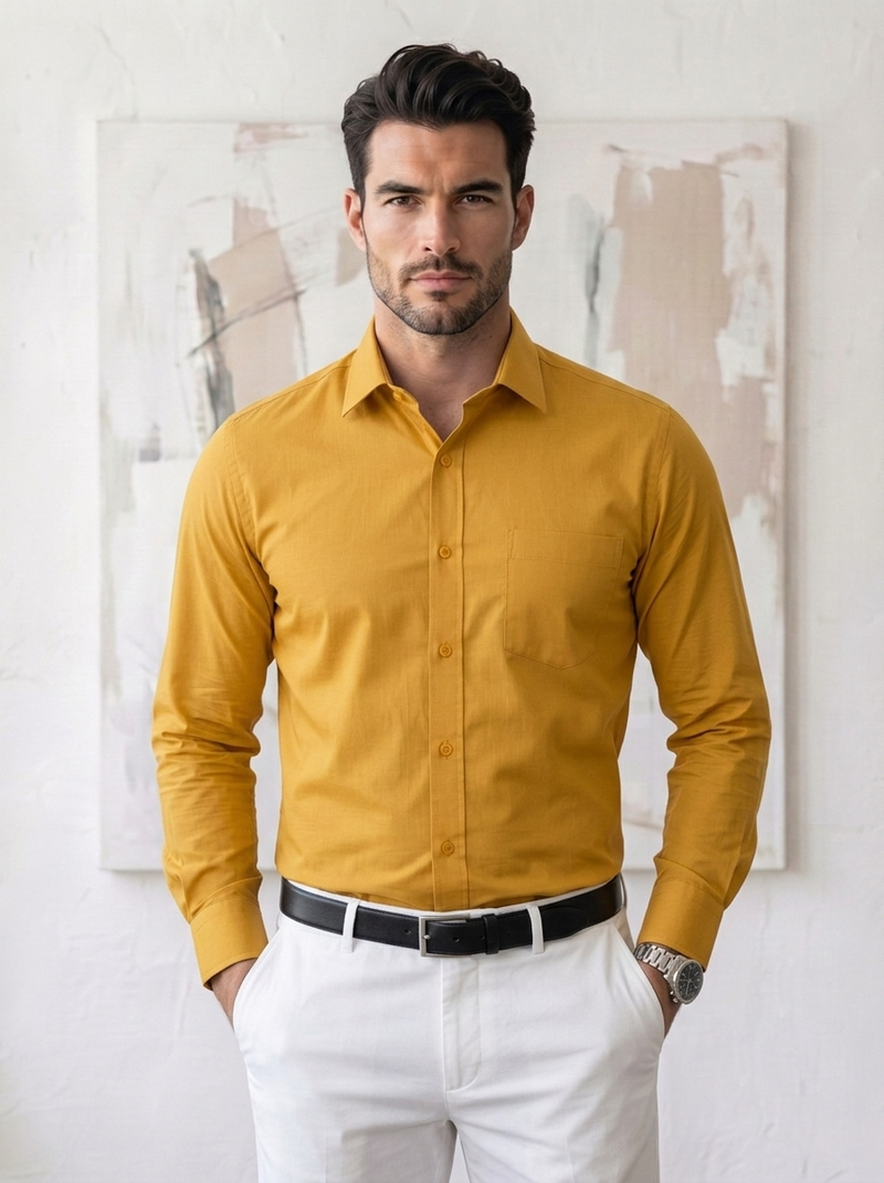 Cotton Formal Shirts for Men | Plain Full Sleeve Pocket Shirt - Yellow