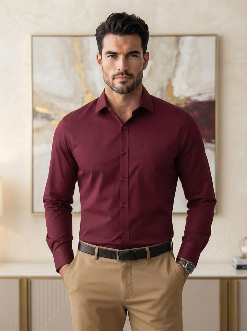 Cotton Formal Shirts for Men | Plain Full Sleeve Pocket Shirt - Maroon