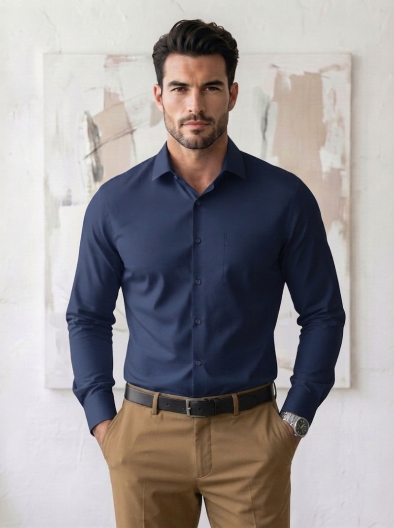 Cotton Formal Shirts for Men | Plain Full Sleeve Pocket Shirt - Navy