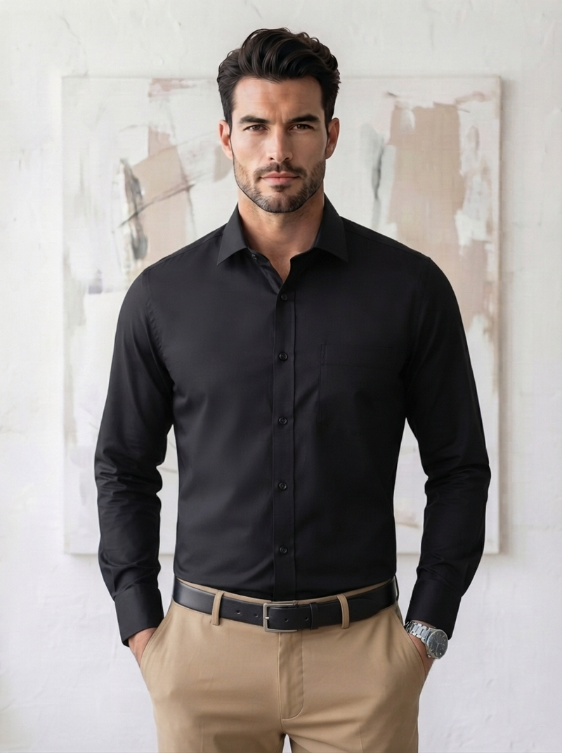 Cotton Formal Shirts for Men | Plain Full Sleeve Pocket Shirt - Black